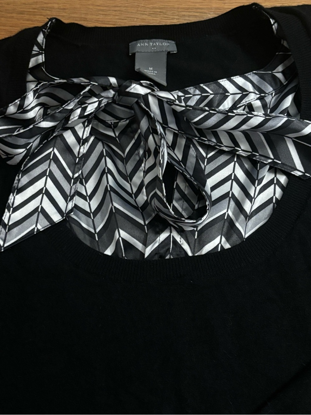 Ann Taylor Black Sweater with Black & White Chevron Bow